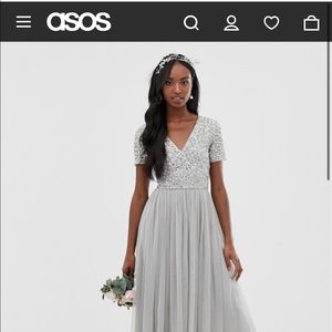 Tall maxi tulle dress with tonal sequins in silver